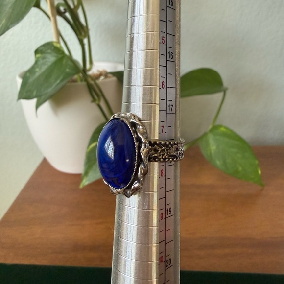 Gorgeous Vintage West Germany Blue Glass Cabochon Silver Tone Adjustable Ring - Picture 3 of 14